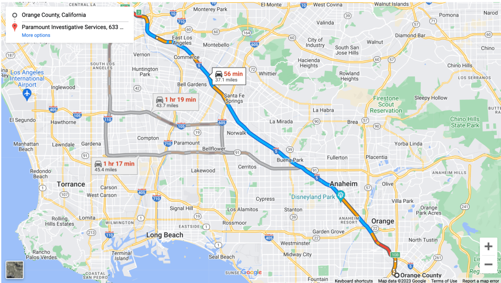 Map from Orange County to Los Angeles